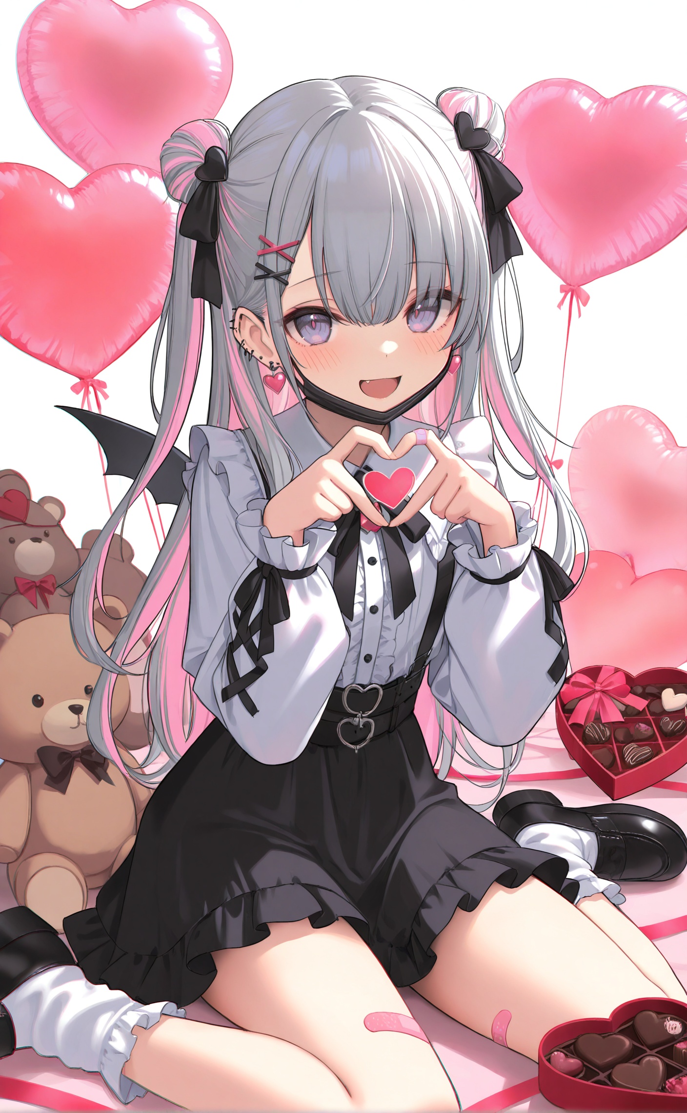 masterpiece,absurdres,best quality,loli,((petite)),high quality,chromatic_aberration,//,heart, 1girl, hair ornament, heart balloon, solo, balloon, black skirt, white shirt, heart hair ornament, skirt, shirt, mask, puffy long sleeves, wings, frills, x hair ornament, black footwear, white socks, chocolate, puffy sleeves, long sleeves, looking at viewer, heart hands, hairclip, handcuffs, two side up, suspender skirt, long hair, wariza, mask pull, grey hair, multicolored hair, socks, pink hair, hair between eyes, center frills, blush, mouth mask, cuffs, bow, very long hair, valentine, food, teddy bear, jirai kei, sitting, bandaid, hair bow, black bow, heart earrings, hands up, stuffed animal, piercing, clothing cutout, double bun, shoes, stuffed toy, ear piercing, heart-shaped chocolate, heart-shaped box, frilled socks, smile, frilled skirt, purple eyes, fang, jewelry, bandaid on leg<lora:12.3.2:0.8>,