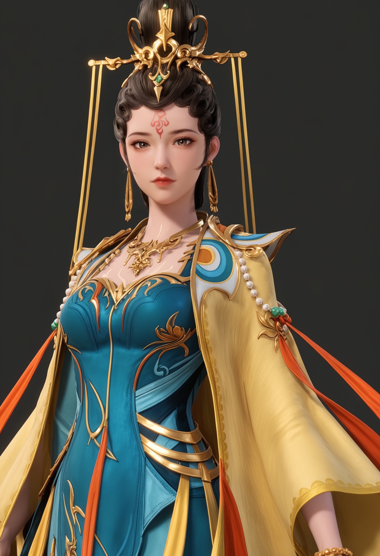 (perfect_anatomy:1.1),(cowboy shot:1.1),<lora:YQ_pony_nvwa_V4:0.8>,q1528437228,solo,jewelry,1girl,black hair,earrings,brown eyes,forehead mark,hair ornament,brown hair,necklace,dress,hair bun,chinese clothes,long hair,bracelet,blue dress,long sleeves,wide sleeves,cape,robe,single hair bun,facepaint,short hair,updo,armor,hat,black eyes,(looking_at_viewer:1.1),perfect_anatomy BREAK perfect_anatomy,solo focus,(score_9:1.2),masterpiece,(best quality:1.1),(simple background,pure black background,black background:1.1),perfect_anatomy,