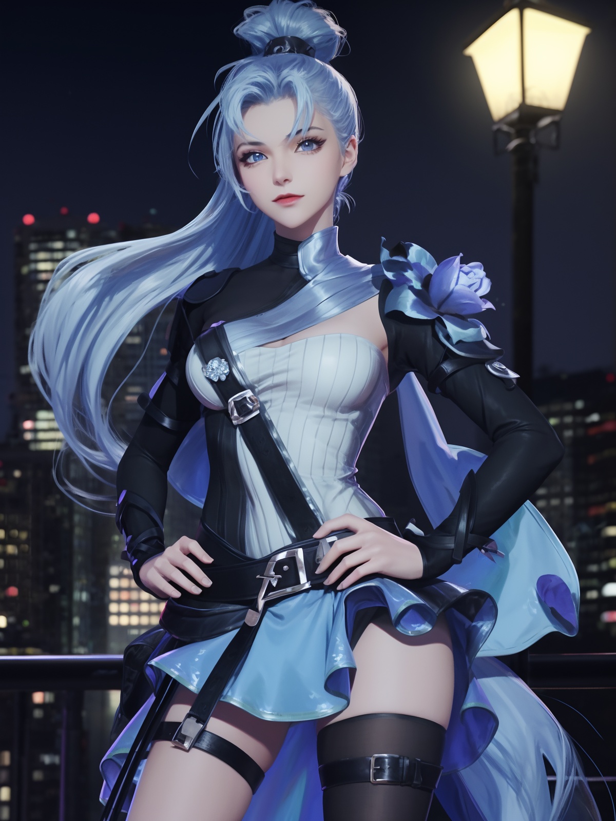 WZRYhuamulanMQJF, 1girl, solo, long hair, jewelry,armor, blue eyes, blue hair, breasts, looking at viewer, dress,flower, thigh strap,single thighhigh,long sleeves,gloves,  <lora:WZRYhuamulanMQJF:0.75>,cityscape, night,high ponytail, hand on hip, belt,
