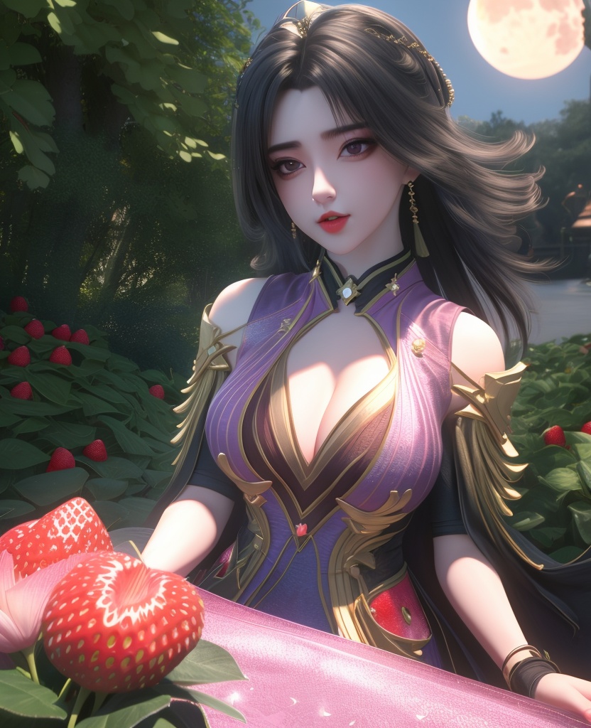 <lora:549-DA-百炼成神-司妙玲:0.8>(,1girl, ,best quality, ),looking at viewer,  ,ultra detailed background,ultra detailed background,ultra realistic 8k cg, , ,masterpiece, (( , )),, ultra realistic 8k cg, ,      ,lily \(flower\) ,full moon ,strawberry blossoms      (cleavage), (),
