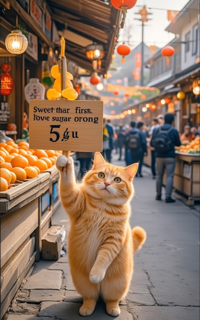 A cute orange cat. Standing in front of the sugar orange stall, hold up a wooden sign with your paws, which reads "Sweet than first love sugar orange, 5 yuan a kilo". In the background is the lively scene of a Chinese county fair, surrounded by bustling crowds and other stalls. Morning, realistic style, third-person perspective, central composition, perspective, large depth of field, dynamic capture, soft light, warm colors, realistic details, master works.