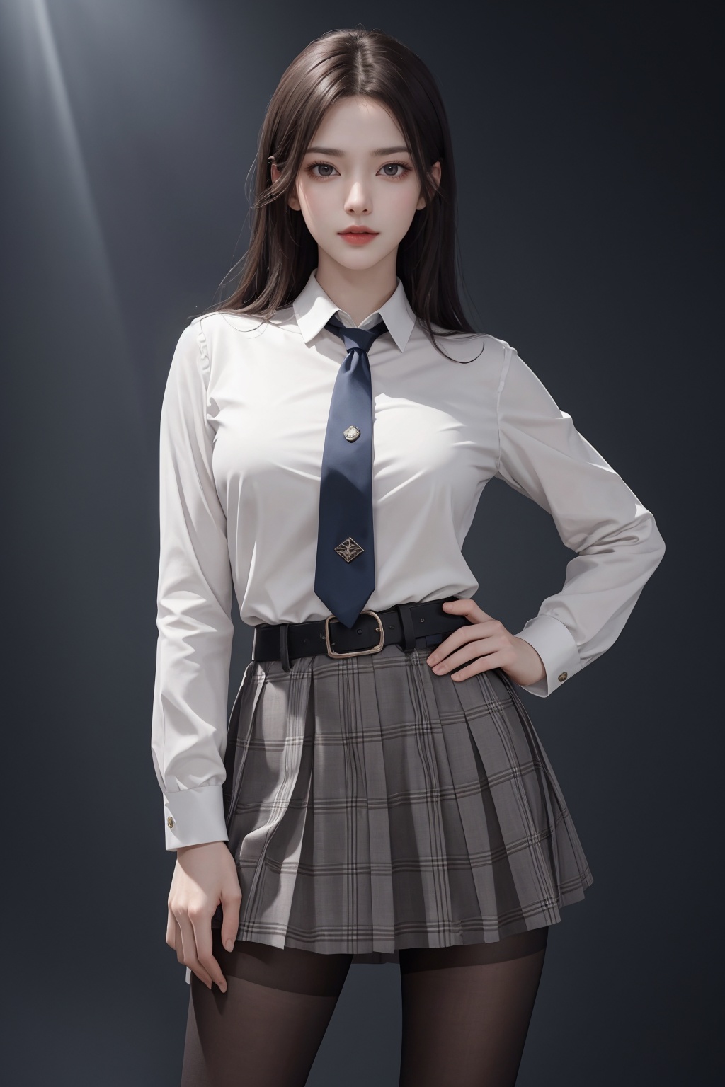 masterpiece,best quality,official art,extremely detailed CG unity 8k wallpaper,realistic,light rays,light particles,1girl,solo,skirt,pantyhose,plaid skirt,black hair,long  hair,pantyhose,standing,day,(simple background:1.2),necktie,dynamic pose,looking at viewer,cowboy shot,breasts,hand on hip,belt,lips, <lora:jk美女:0.8>