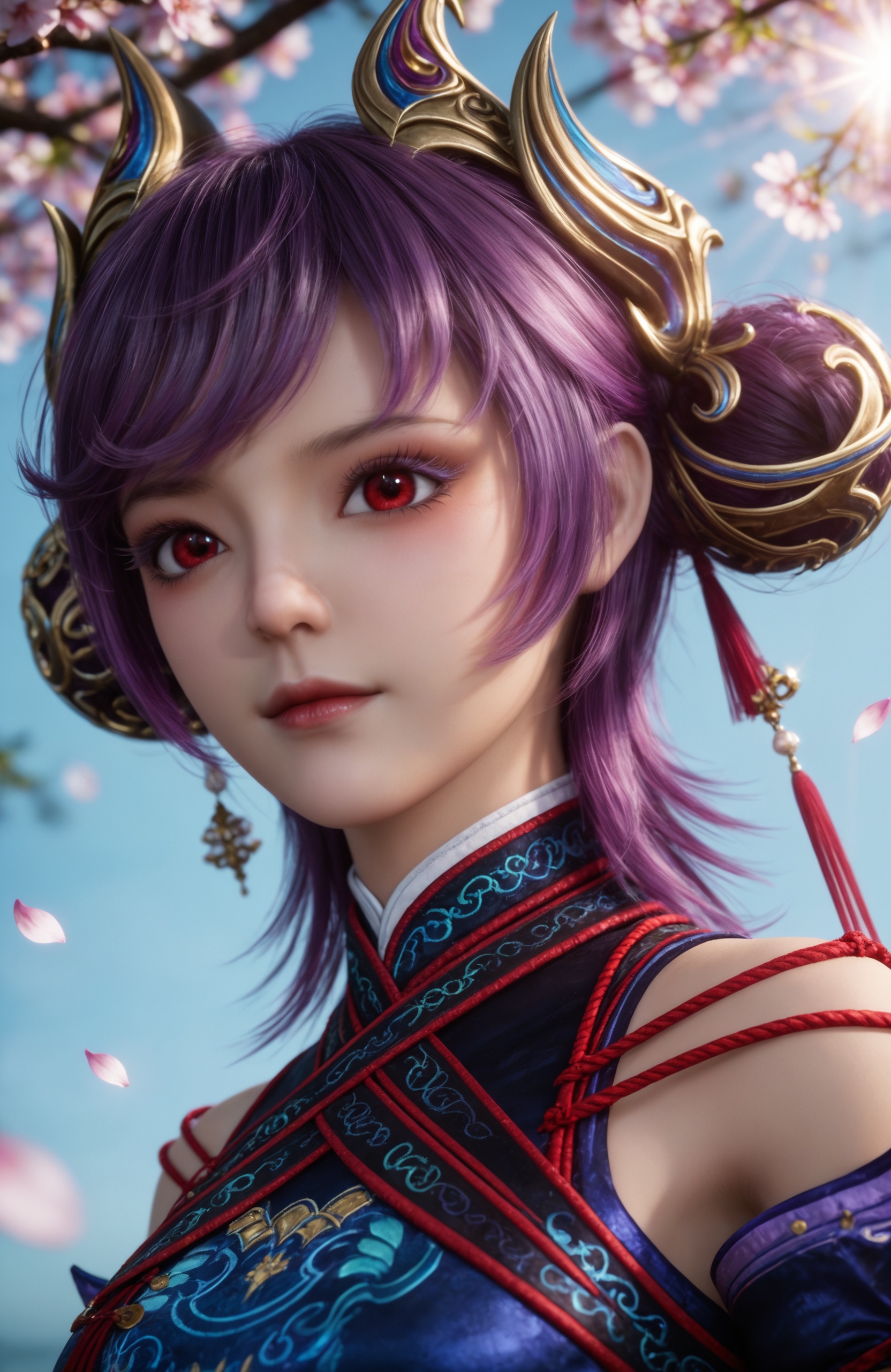 <lora:牧神记-司芸香Pony:0.7>,1girl,hair ornament,red eyes,purple hair,horns,lips,blue dress,thighhighs,bare shoulders,wide sleeves,detached sleeves,chinese clothes,shoes,, realistic style photo,outstanding style,Use soft lighting to cast gentle shadows on the subject,adding a touch of dimension to your images without compromising details,whirls of vapor,(Anime:1.1),soft neon light,ethereal ambiance,delicate details,magical atmosphere,concept art,highly detailed,ultra-high resolution,32K UHD,sharp focus,best-quality,masterpiece,golden hour,unconventional supreme masterpiece,masterful details,temperate atmosphere,with a high-end texture,in the style of fashion photography,magazine style,Dynamic Angle,Dynamic posture,magazine style,Dynamic Angle,Dynamic posture,(cowboy_shot:1.2),eye trail,depth of field,cinematic lighting,lens flare,close-up,extreme aesthetic,(wlop:0.6),(honjou raita,lack,rella,wanke:0.5),masterpiece,best quality,good quality,newest,year 2025,very aesthetic,absurdres,Visual impact,A shot with tension,ultra-high resolution,32K UHD,sharp focus,best-quality,masterpiece,Emotionalization,unconventional supreme masterpiece,masterful details,temperate atmosphere,with a high-end texture,in the style of fashion photography,(Visual impact:1.2),giving the poster a dynamic and visually striking appearance,, masterpiece,best quality,solo,1girl,upper body,petals,looking at viewer,moon,branch,cherry blossoms,flower,extreme aesthetic,(quasarcake:0.7),masterpiece,best quality,good quality,newest,very aesthetic,absurdres,A shot with tension,(Visual impact,giving the poster a dynamic and visually striking appearance:1.2),impactful picture,offcial art,colorful,splash of color,movie perspective,