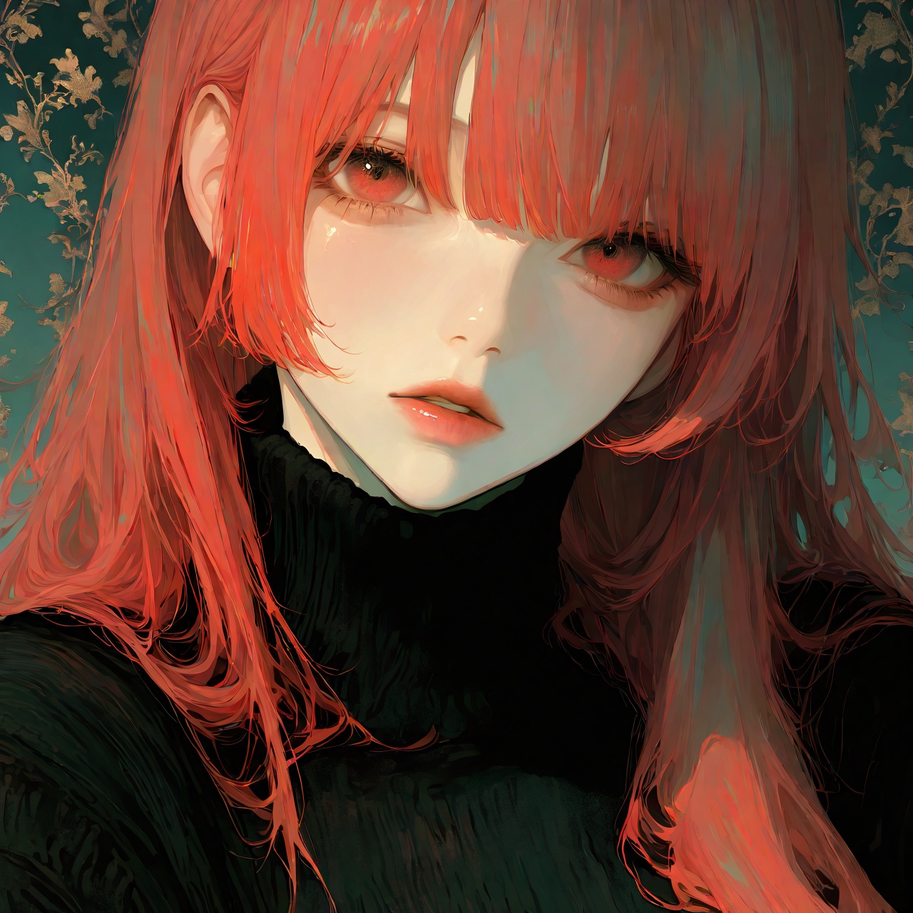 <lora:Tourun ThickPaint Style:0.8>,absurdres,realistic,rim light,wallpaper,best quality,1girl,solo,long hair,looking at viewer,red hair,parted lips,portrait,bangs,simple background,turtleneck,black sweater,red eyes,black shirt,sweater,upper body,lips,