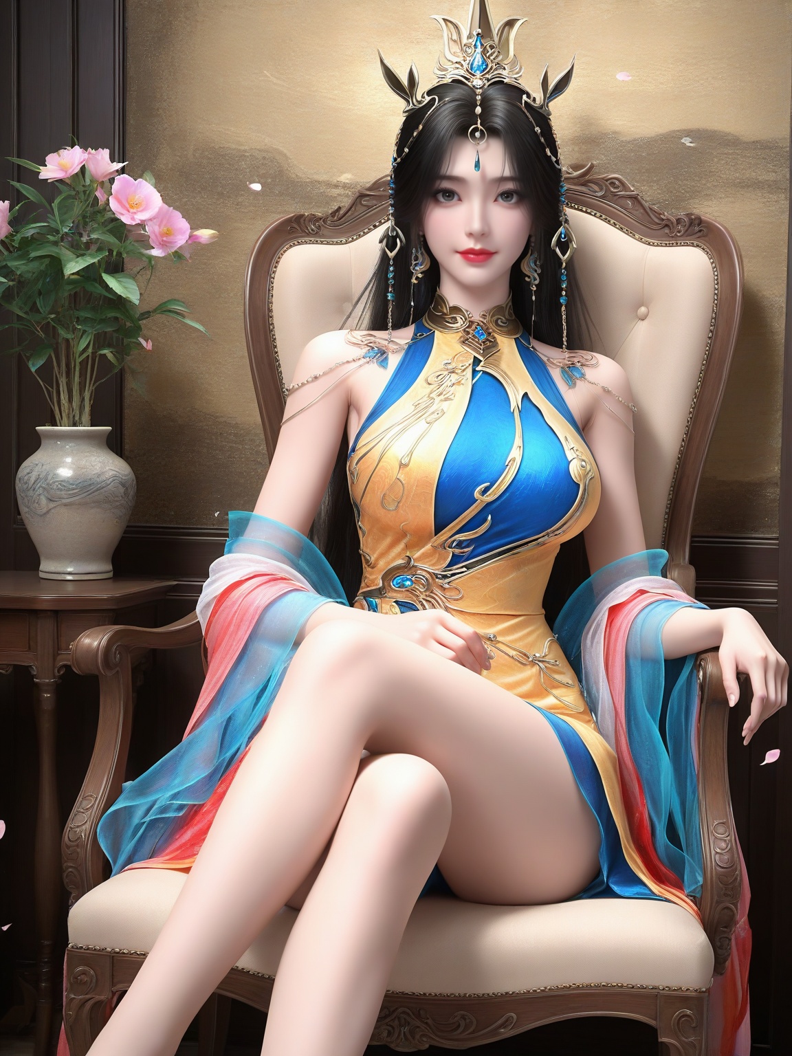 masterpiece,ultra-HD,photorealistic,high detail,best quality,8k,best quality,sharp focus,ray-tracing,1girl,breasts,large breasts,long hair,hair ornament,black hair,soft smile,lipstick,dress,bare legs,falling petals,eyelashes,solo,looking at viewer,sitting,chair,enchanting expression,red lips,Flower Potted Plants,<lora:SF_HuangNv_ILv4050_Real-000004:0.75>,