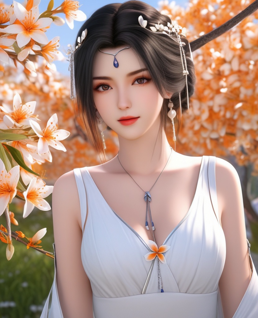 <lora:604-DA-XL-星辰变-姜立V2-新衣:0.8>(,1girl, ,best quality, ),looking at viewer,  ,ultra detailed background,ultra detailed background,ultra realistic 8k cg,, ,masterpiece, (( , )),, ,      ,  orange blossoms,  (cleavage), (), ,,