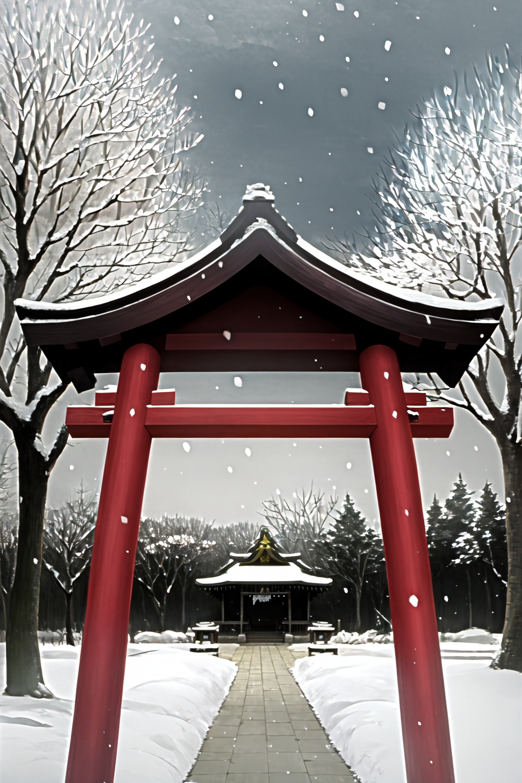 masterpiece, best quality, <lora:tgm-v2:1>,pixiv, no humans, tree, shrine, snow, scenery, cloud, sky, outdoors, shimenawa, bare tree, rope, torii, snowing, winter, cloudy sky, stone lantern, architecture, hakurei shrine, east asian architecture, shide, day, nature, forest