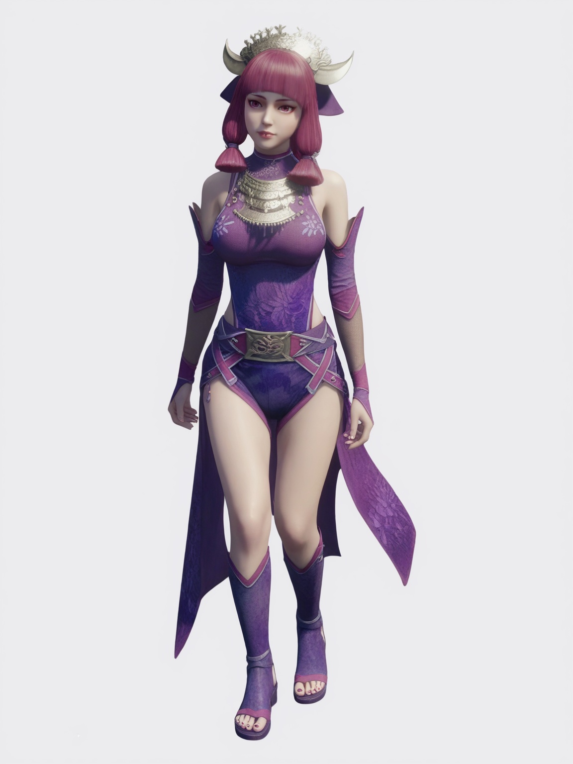 score_9,<lora:SF_ChiMeng2_Pony_Realism-000004:0.7>,1girl,solo,purple clothes,detached sleeves,bangs,pink hair,jewelry,purple eyes,belt,large breasts,hair ornament,standing,makeup,toeless boots,full body,fair_skin,white_skin,Ivory_skin,looking at viewer,white background,simple background,