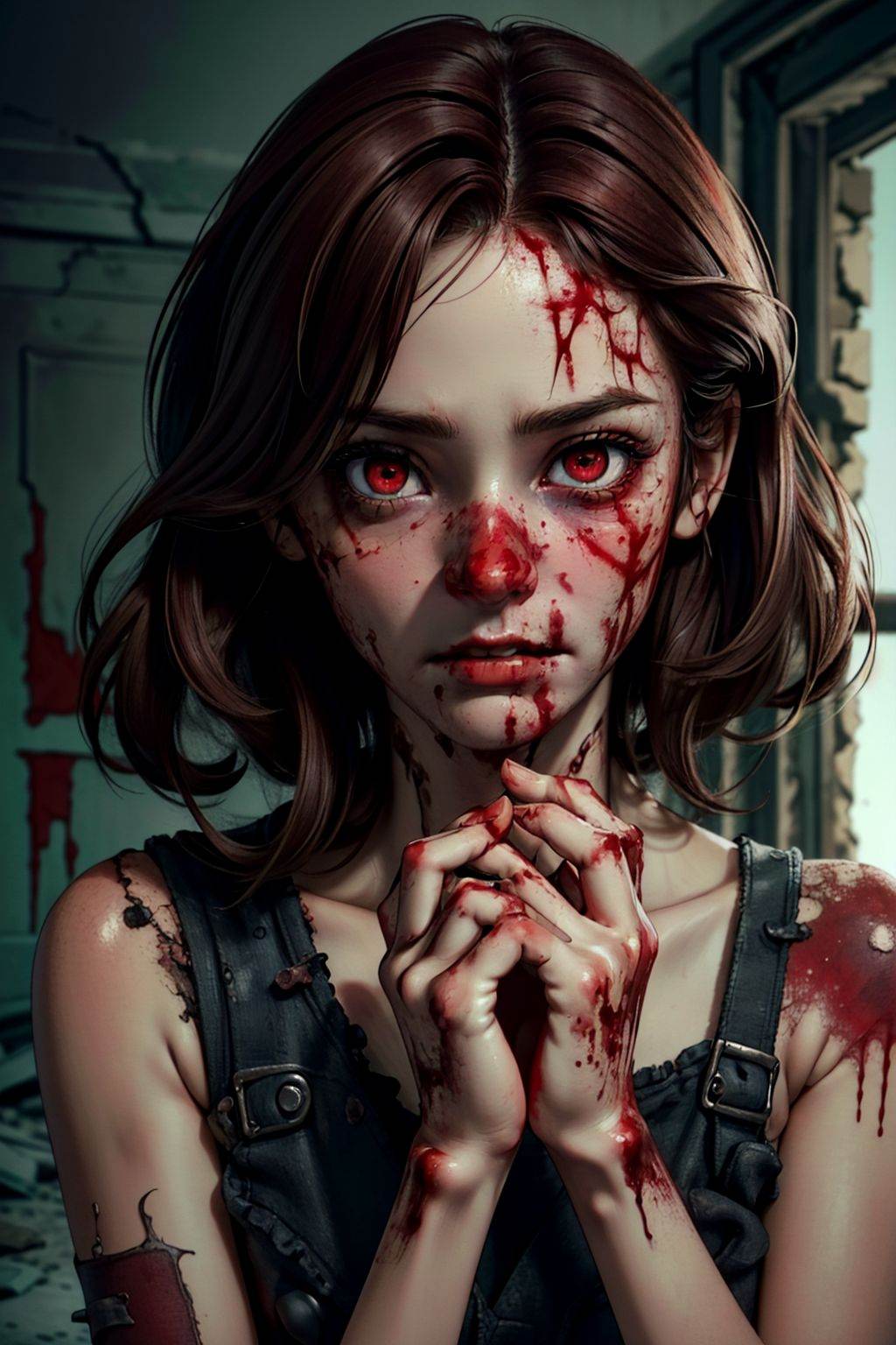 zombie girl in a ruined room,  vampire,  blood on her hands on Tensor.Art