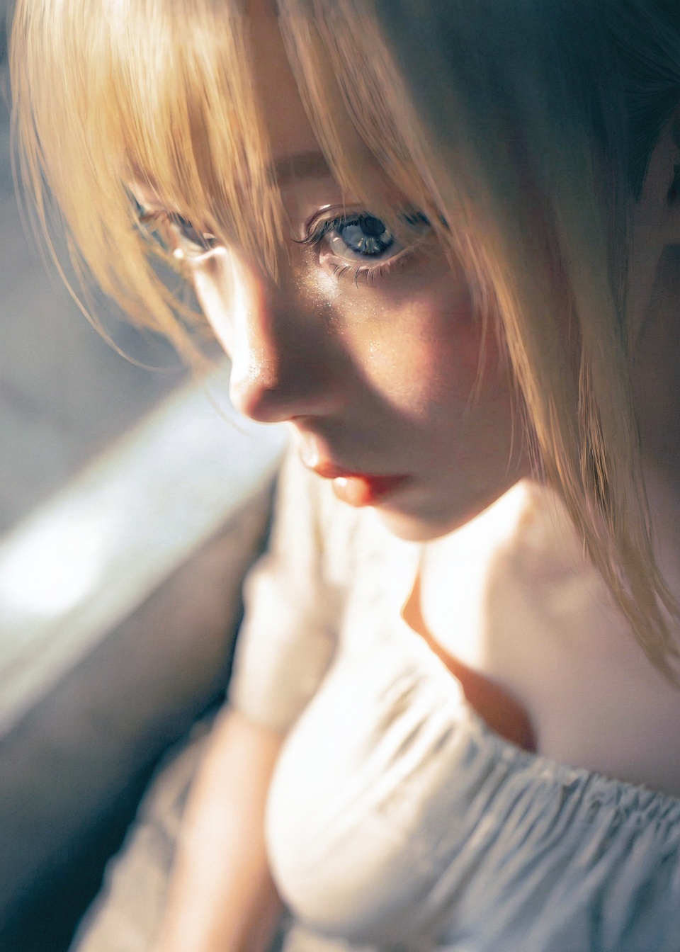 a 18 y.o girls,(from above:1.1),from side,soft lighting,high resolution,professional grade,RAW photography,evocative composition,Cinematic Lighting,moody lighting,perfect eyes,depth of field,virtual background,eyes focus,the face of an angel,