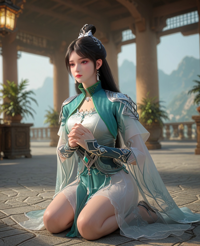(oriental architecture, elegant decor, sophisticated style:1.1),(Kneeling on the ground, hands clasped in prayer, expressing a moment of gratitude and reflection,:1.1),(breasts:1.2),<lora:XL百炼成神路人欣欣:0.95>,miss xinxin,black hair,jewelry,dress,earrings,long hair,hair ornament,hair bun,necklace,green dress,brown eye,, zPDXL2, score_9, score_8_up, score_7_up BREAK realistic, masterpiece,best quality, highly detailed,, zPDXL3, zPDXL2,zPDXL, zPDXLxxx, zPDXLrl,