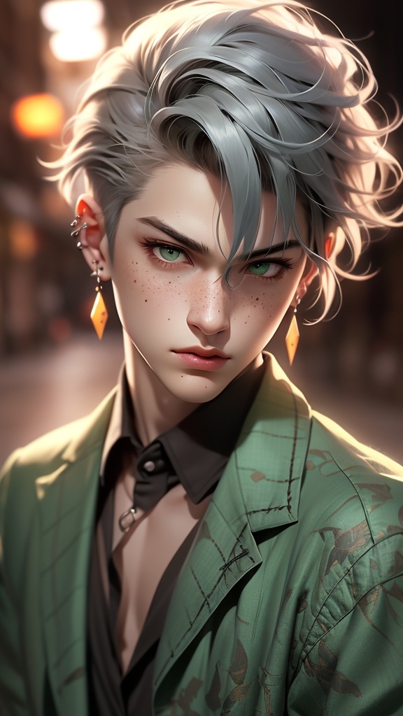 CG,solo, 1boy, shirt, male focus, piercing, looking at viewer, collared shirt, black shirt, simple background, ear piercing, jewelry, black background, freckles, earrings, short hair, green eyes, jacket, upper body, closed mouth, print shirt, head tilt, grey hair, realistic, lips