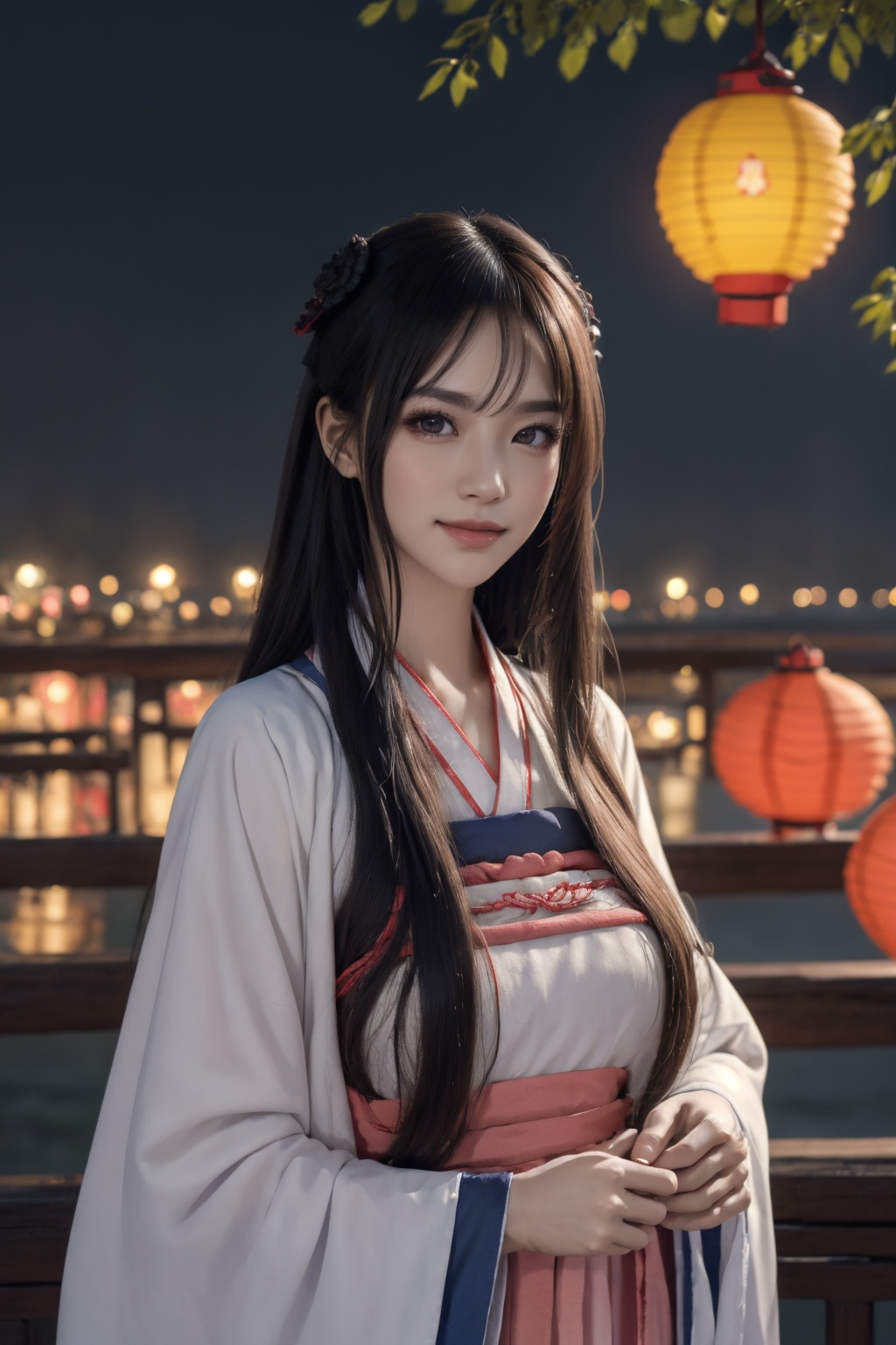 Cinematic Lighting,((night)),panorama,dynamic_angle,((new year)),((lantern festival)),fantasy,realistic,reality,smile,facing viewer,cinematic_angle,masterpiece,best quality,highly detailed,Amazing,finely detail,extremely detailed CG unity 8k wallpaper,score:>=60,gufenghanfu,1girl,looking at viewer,white dress,hanfu,long sleeves,wide sleeves,standing,<lora:lihua1-000006:0.7>,upper body,large breasts,