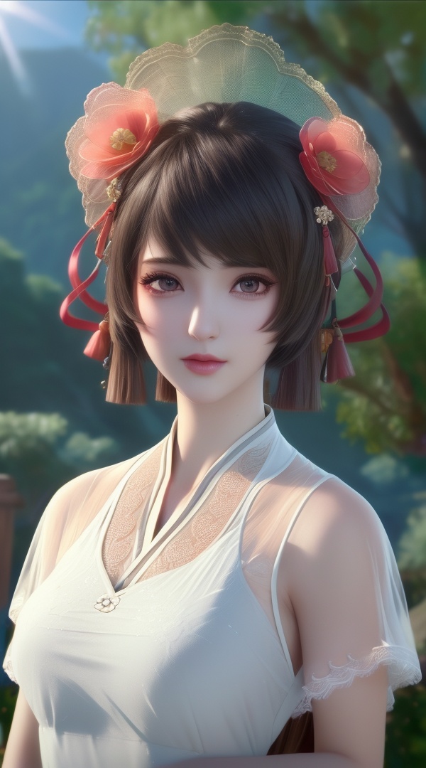 (,1girl, ,best quality, ),looking at viewer, <lora:386-DA-永生-红怡:0.8> ,, ultra detailed background,ultra detailed background,ultra realistic 8k cg,,masterpiece, (( , )), fiction,mole,  ,tamari \(flawless\),    ,see-through, lace, (()),(((, solo, sun, , bare_tree, )))
