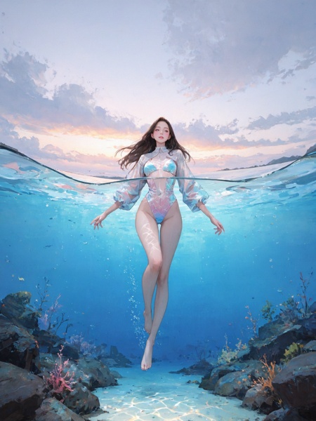 masterpiece, very awa, very aesthetic, newest,best quality, amazing quality, delicate,minimalism, ethereal atmosphere,wide shot, dynamic angle, dynamic pose, detailed background, natural scenery, half cloudy summer sky, half underwater, caustics,mesh shrug, holographic monokini, a girl, gorgeous girl, detailed face,sleek long hair, straight hair,looking at viewer, biting lips,real life location, real life