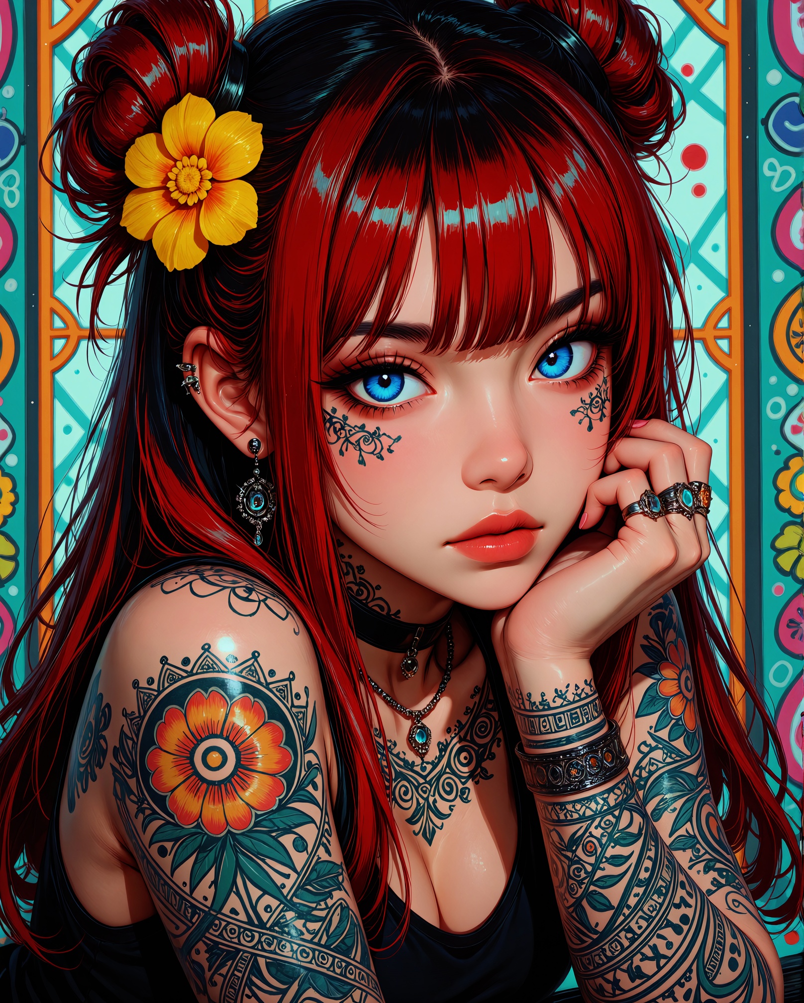 A vibrant,  pop art illustration of a young woman with striking blue eyes and long red hair adorned with a yellow flower....