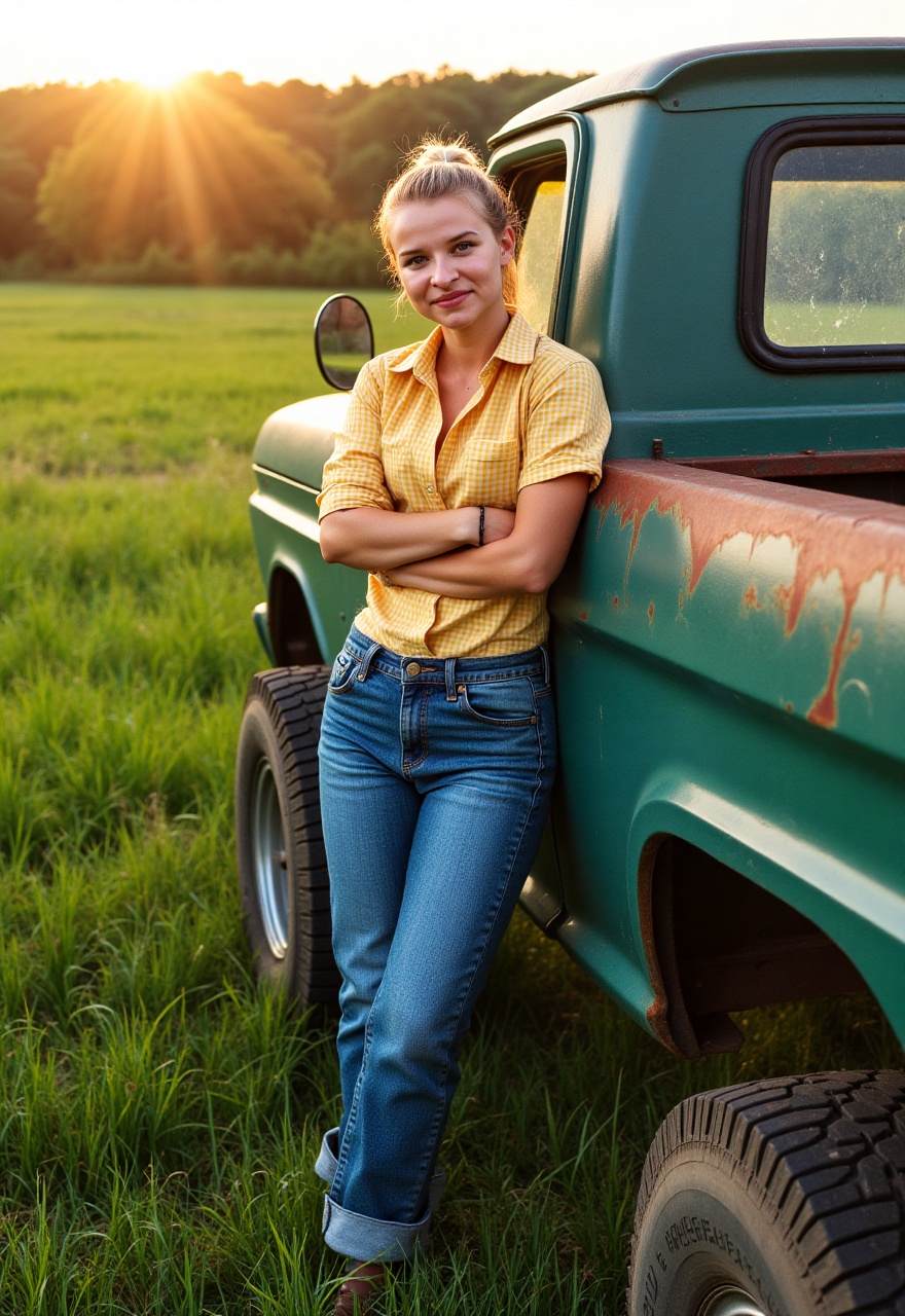 A warm and sun-kissed rural landscape sets the scene: a lifted classic Ford truck,  parked in a lush green field,  its rus...
