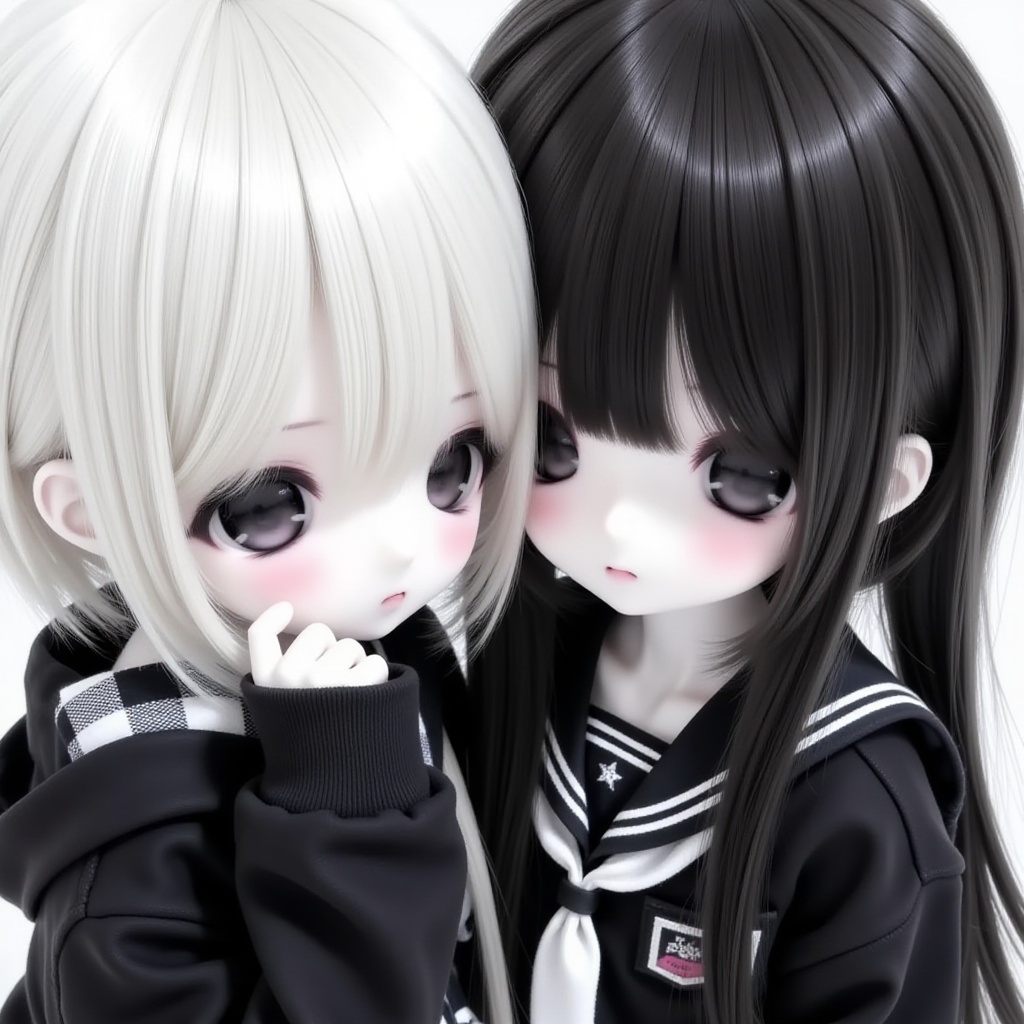 This is a digital illustration featuring two anime-style doll characters with pale skin and large, dark eyes. The character on the left has short, white hair and is wearing a black hoodie with a white and black checkered scarf draped over the shoulders. The character on the right has long, straight black hair with bangs and is dressed in a black sailor-style school uniform with white trim. Both characters have a melancholic expression, with their eyes looking downward. The right character's left hand is gently touching their chin, while the left character's head is slightly tilted towards the right character. The overall color palette is monochromatic with shades of black, white, and gray, creating a somber, emotional atmosphere. The textures of the clothing are smooth and the hair is rendered with delicate, fine lines, giving it a soft, realistic appearance. The characters are closely positioned, suggesting a sense of intimacy or connection between them.