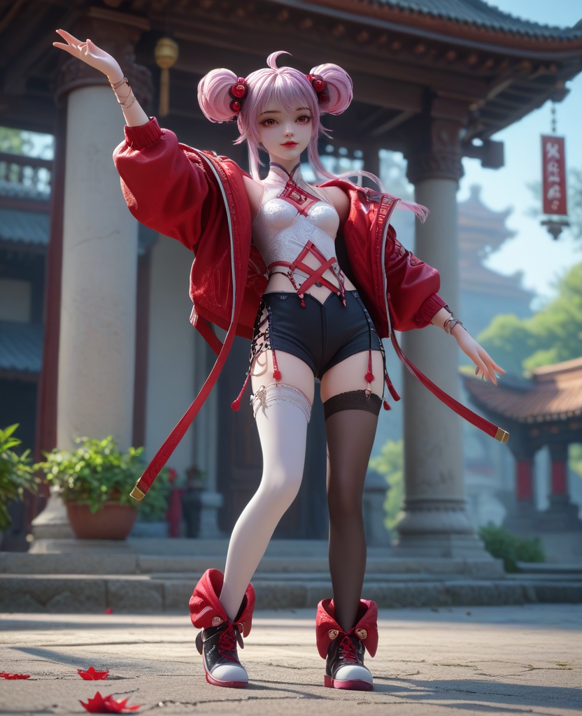 (oriental architecture, elegant decor, sophisticated style:1.1),(dancing,spins:1.1),(breasts:1.2),<lora:XL16克金玩家炙珠:0.95>,teenage girl,open red jacket,white corset,red eyes,red lips,pink hair,ahoge,double bun with front strands,hair ornament,black short shorts,mismatched thighhighs,bracelet,sneakers,, score_9,score_8_up,score_7_up,score_6_up,score_5_up,score_4_up,3d rendering,tag1,tag2, Cinematic Lighting,backlighting,, zPDXL3, zPDXL2,zPDXL, zPDXLxxx, zPDXLrl,