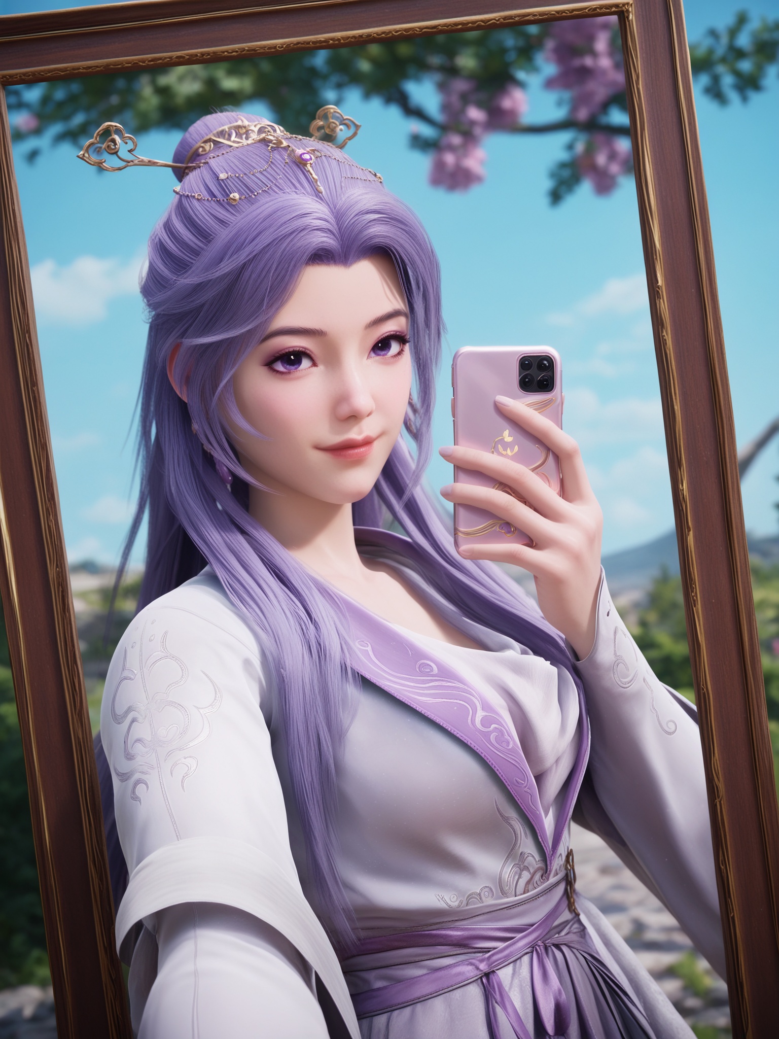 score_9,score_8_up,score_7_up,source_anime,high res image,masterpiece,best quality,(woman:1),clear skin,shiny hair,ultra detailed eyes,simple background,nude,smile,holding smartphone,selfie,mirror,reflection,long lavender hair,styled in an elegant updo adorned with a golden hairpin.Her eyes are a soft,light blue,wears a traditional,semi-formal outfit with a flowing,white robe-like garment that features intricate,lavender embroidery on the sleeves and chest.,<lora:云霄仙子-Pony新底模05:0.7>,