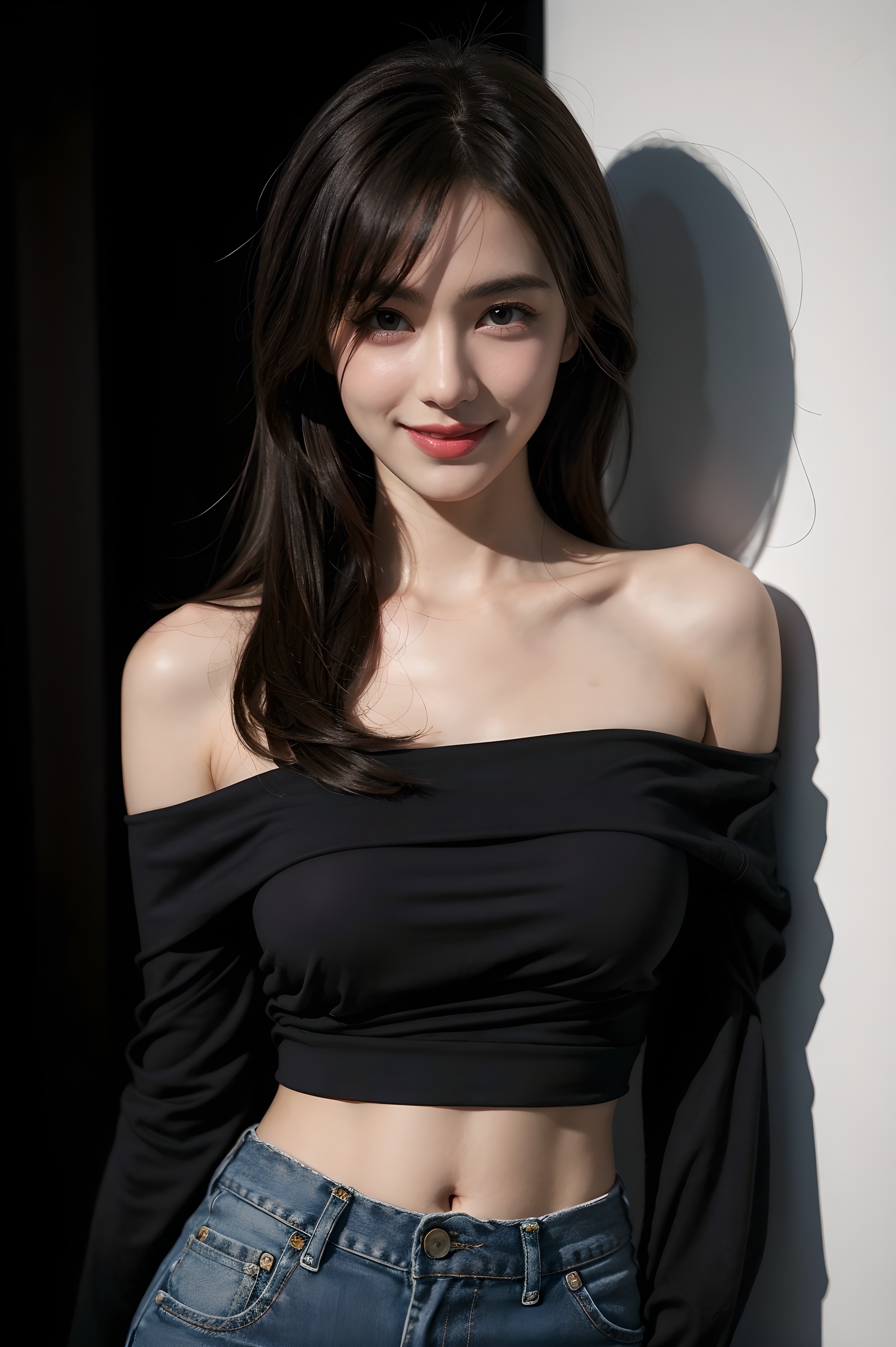 1girl, offshoulder, smile, cute, waist up, deep shadow, in the dark, low key.best quality, masterpiece, (photorealistic:1.4) .