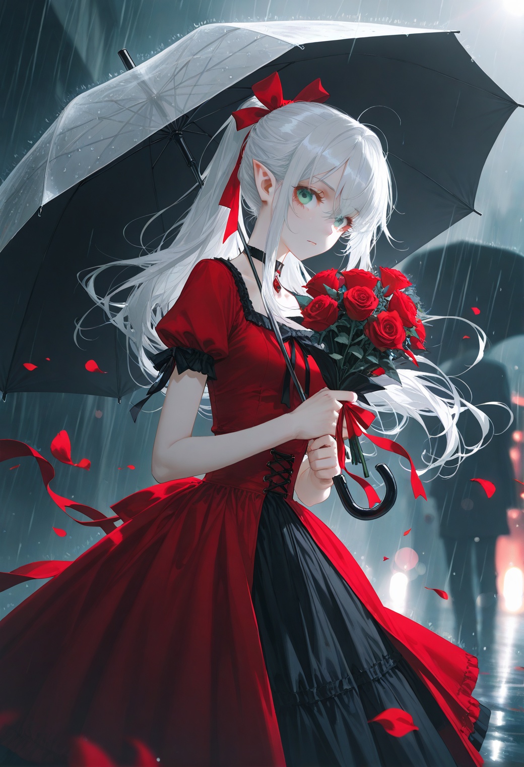 1girl,long hair,looking at viewer,dress,ribbon,holding,green eyes,hair ribbon,ponytail,flower,white hair,short sleeves,choker,pointy ears,red ribbon,petals,rose,umbrella,red dress,red flower,rain,red rose,bouquet,holding umbrella,holding bouquet,depth of field,light particles,lens flare,(artist:quasarcake:0.8),extreme aesthetic,(wlop:0.6),wanke,rella,wanke,masterpiece,best quality,good quality,newest,year 2024,year 2023,very aesthetic,absurdres,Visual impact,Electromotive force,perspective composition,A shot with tension,ultra-high resolution,32K UHD,sharp focus,best quality,masterpiece,Emotionalization masterpiece,unconventional supreme,masterful details,with a high end texture,in the style of fashion photography,(Visual impact:1.2),giving the poster a dynamic and visually striking appearance,impactful picture,offcial art,colorful,splash of color,movie perspective,masterpiece,best quality,amazing quality,very aesthetic,absurdres,best quality,newest,qxsy,
