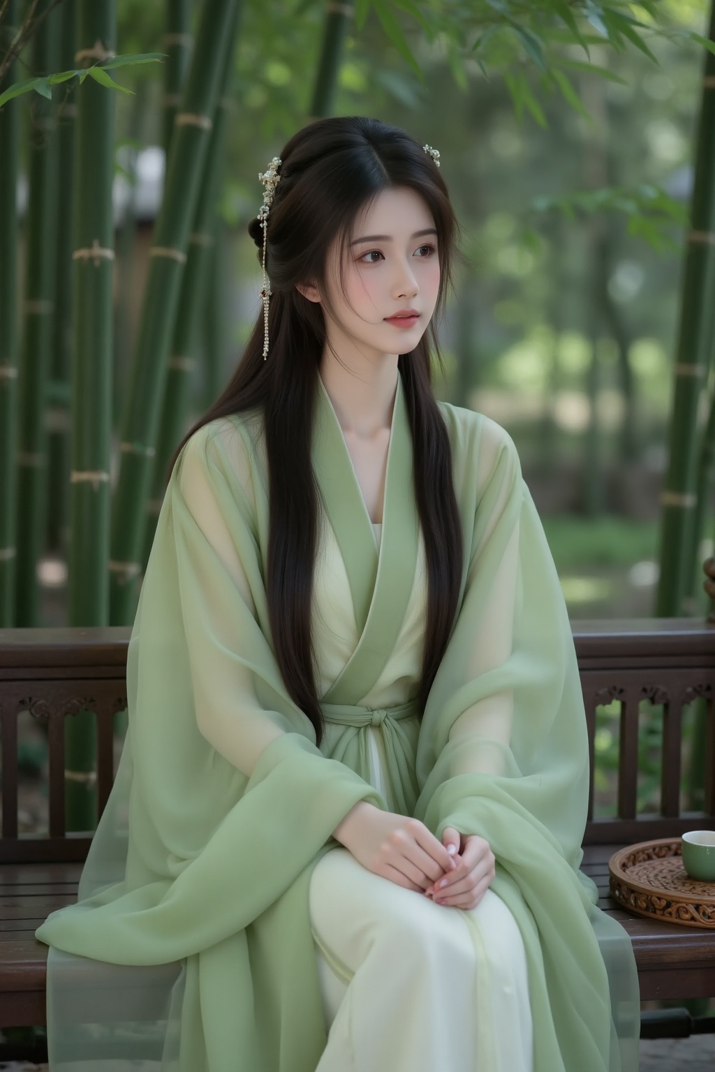 ancient costume,This is a highly detailed digital artwork depicting a serene Asian woman in traditional attire. She is seated on a wooden bench,gazing softly into the distance with a serene expression. Her long,dark hair is styled in a traditional updo adorned with a delicate hairpin. She wears a flowing,light green robe **** of a soft,translucent fabric that gently billows in the breeze,revealing a glimpse of her white undergarment beneath. The robe's sleeves are voluminous and slightly gathered at the wrists.,The woman's face is partially obscured by a sheer,gauzy veil that filters the light,adding an ethereal quality to her appearance. Her skin is fair,and she has a delicate,almost ethereal beauty. She is surrounded by a lush,verdant bamboo forest,with tall,slender bamboo stalks and green foliage that gently sway in the background,creating a sense of tranquility and harmony with nature.,The wooden bench she sits on is simple and unadorned,with a dark,polished finish that contrasts with the lightness of her attire. On the bench,there is a small,intricately carved wooden tray holding a small green tea set,adding to the traditional and serene atmosphere of the scene.,
