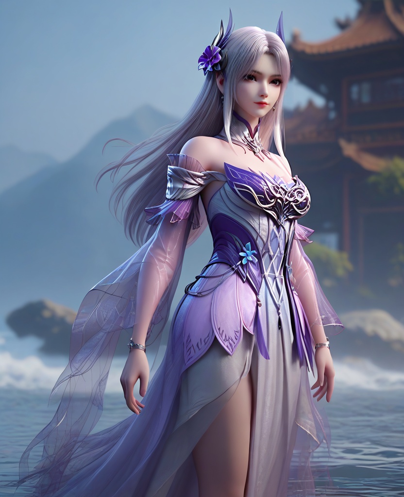 (oriental architecture, elegant decor, sophisticated style:1.1),(paddleboarding,huge waves:1.1),looking at viewer,(breasts:1.2),<lora:XL16斗破苍穹斗尊小医仙:0.95>,miss xiaoyixian,purple bodice,white high-slit asymmetrical skirt,rufous eyes,sidelocks,white hair,hair ornament,long hair,jewelry,detached collar,see-through sleeves,bracelet,skirt see-through hem,anklet chain,high heels,, score_9,score_8_up,score_7_up,score_6_up,score_5_up,score_4_up,3d rendering,tag1,tag2, Cinematic Lighting,backlighting,, zPDXL3, zPDXL2,zPDXL, zPDXLxxx, zPDXLrl,