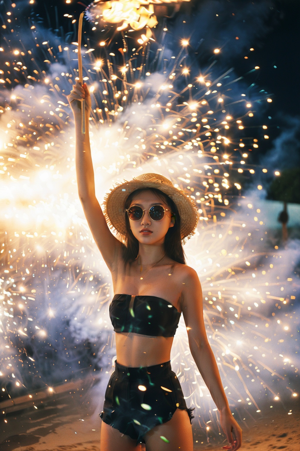 an asian girl,film grain texture,analog photography aesthetic,fire,fireworks,night,<lora:disillusion · fireworks_SDXL:1>,sunglasses,(Strapless_bikini_top:1.5),(High-waisted_shorts:1.4),(Straw_hat:1.3),dynamic angle,upper_body,
