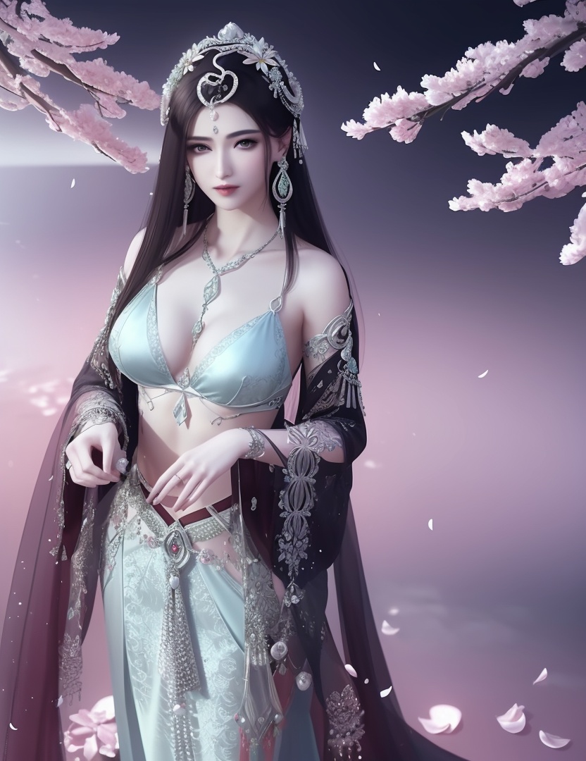 ultra realistic 8k cg, picture-perfect face, flawless, clean, masterpiece, professional artwork, famous artwork, cinematic lighting, cinematic bloom, perfect face, beautiful face, fantasy, dreamlike, unreal, science fiction , beautiful clothes, lace, lace trim, lace-trimmed legwear,  (rich:1.4), prestige, luxury, jewelry, diamond, gold, pearl, gem, sapphire, ruby, emerald, intricate detail, delicate pattern, charming, alluring, seductive, erotic, enchanting, hair ornament, necklace, earrings, bracelet, armlet,halo((,1girl, pov,))  (((1girl, solo,spring \(season\),cherry blossoms, large breasts,  looking_at_viewer ,chest jewel,  )))    <lora:DA_NSH_XLZH:0.6>