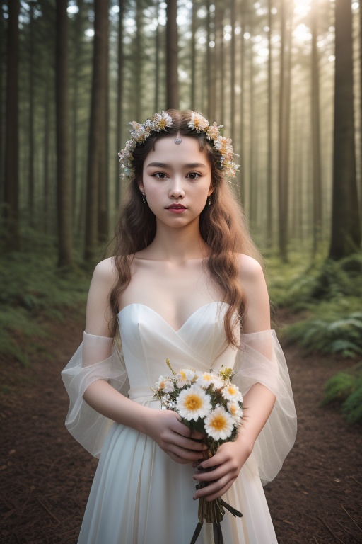 <lora:hongxiu_20240428204231-000006:0.5>,Best quality,masterpiece,featuring 1 young girl,Holding these flowers in both hands,mid-length tousled hair flowing in the breeze,intense gaze,standing against the ethereal forest backdrop,((poakl)),1 girl,qzclothing,Super perspective,wide shot,zodiac,qzidol,