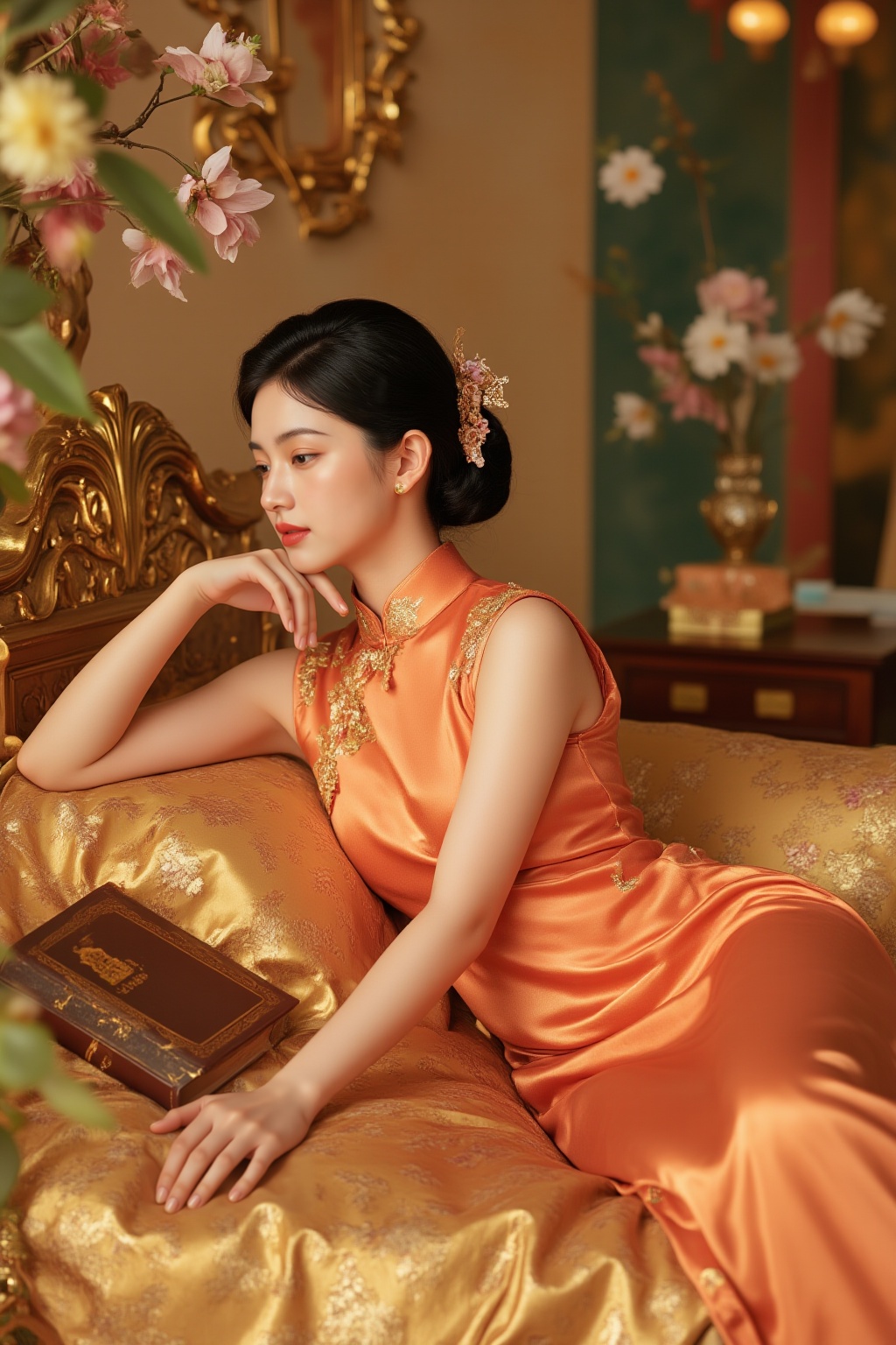 rich,<lora:rich15:0.6>,a girl niannian Photograph of an Asian woman with fair skin and black hair styled in an elaborate updo,wearing an orange silk gown with gold accents,reclining on a golden bed with floral patterns. The background features ornate golden decor,flowers,and traditional Chinese elements.,girl's hand with a vintage book,<lora:《MAJICFLUS_麦橘超国风旗袍》_极具古典美的旗袍美人_V1.0:0.5>,qipao,