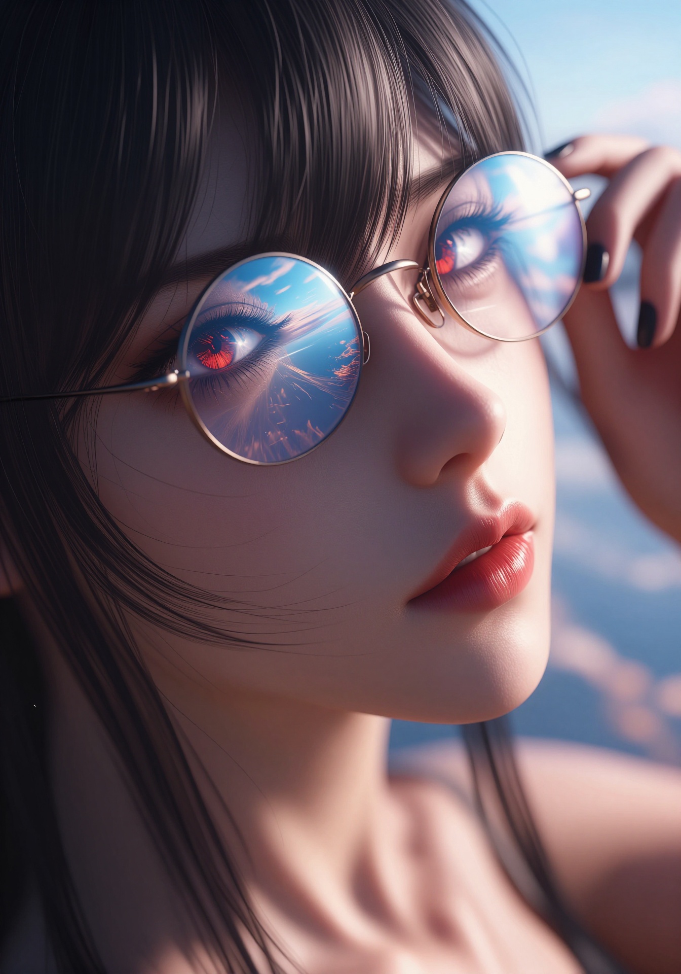 YY Anime style, high detail, intense focus, very awa, masterpiece, best quality, newest, absurdres, highres, focus, depth of field, dynamic angle, cinematic lighting, volumetric lighting, 1girl, smug, solo, black nails, black hair, red eyes, round eyewear, adjusting eyewear, (reflection: glowing reflections, contrast lighting, floating island reflection in glasses, glasses reflection, fantasy, multicolored sky), solo, (hair between eyes:0.9), simple background, blurry background, portrait, close-up, 