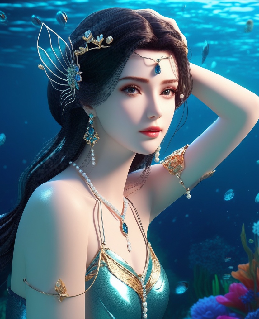 <lora:604-DA-XL-星辰变-姜立V2-新衣:0.8>(,1girl, ,best quality, ),looking at viewer,masterpiece, ((((, solo,  , ,solo focus, ,underwater, )))) ,ultra realistic 8k cg,   clean, masterpiece,     cinematic lighting, cinematic bloom,  (( , )),, , unreal, science fiction, luxury, jewelry, diamond, gold, pearl, gem, sapphire, ruby, emerald, intricate detail, delicate pattern, charming, alluring, seductive, erotic, enchanting, hair ornament, necklace, earrings, bracelet, armlet,,(cleavage),