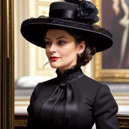 masterpiece,  uhd,  sharp color photo of a beautiful woman wearing a high-neck layered black dress on Tensor.Art