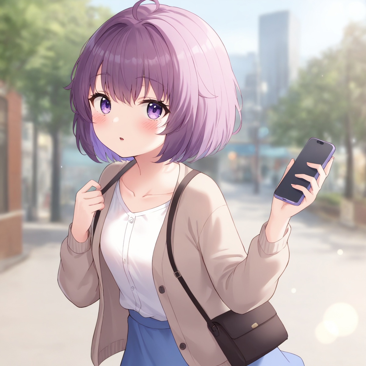 masterpiece, best quality <lora:yylin0w:1>, Jelen01, 1girl, solo, holding phone, shirt, skirt, holding, looking at viewer, white shirt, purple eyes, blue skirt, blurry background, bag, short hair, blush, collarbone, blurry, long sleeves, purple hair, parted lips, cardigan, open clothes, outdoors, upper body, jacket, open cardigan, ahoge, ray tracing, 