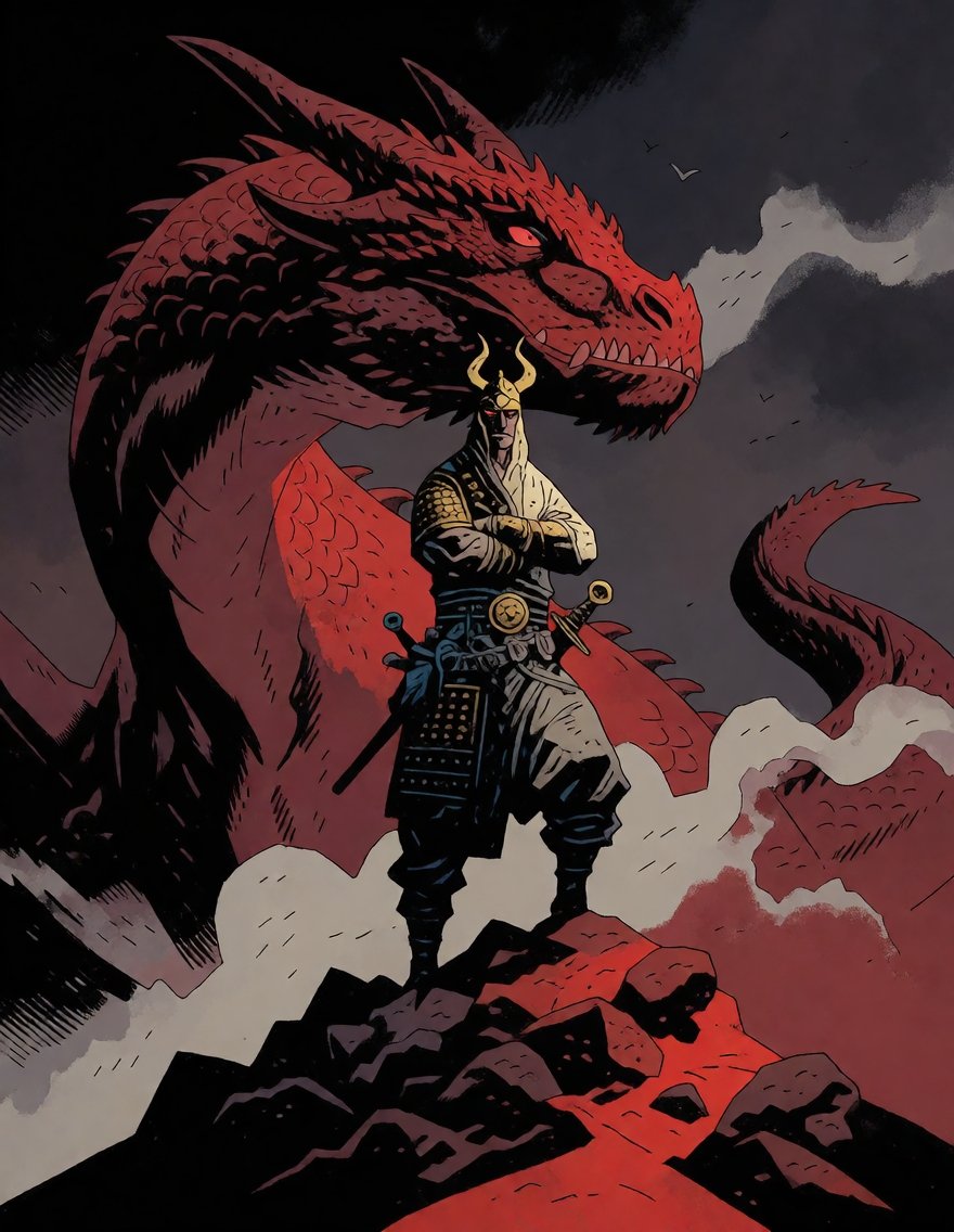 MignolaStyle,  a male warrior standing with arms crossed in a confident posture,  wearing a golden helmet with horns and i...