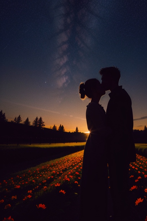 Couple,1girl,1boy,sky,stars,starry sky,silhouette,light and shadow,night,flower,leaf,outdoor,night sky,fluorescent,from the side,cloud,backlit,holding,petals,standing,<lora:KODA GOLD200:1>,