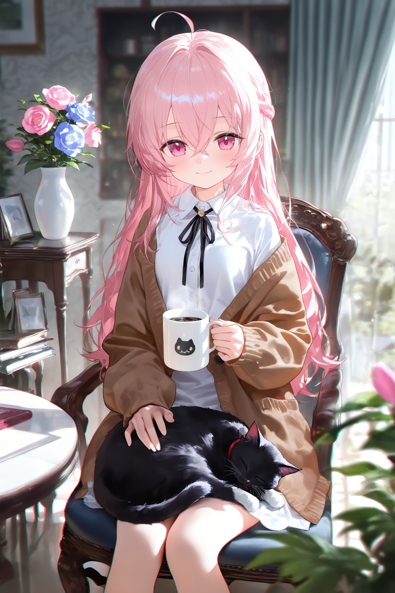masterpiece,best quality,high quality,loli,chromatic_aberration,Light Blue Theme,//,1girl,shirt,cup,white shirt,collared shirt,flower,cat,indoors,window,pink hair,holding,looking at viewer,animal on lap,smile,braid,sitting,pink eyes,on lap,hair between eyes,ahoge,holding cup,solo,long hair,long sleeves,black cat,open clothes,closed mouth,crossed bangs,glasses,chair,neck ribbon,blue flower,brown jacket,off shoulder,curtains,jacket,plant,mug,blush,potted plant,ribbon,on chair,sunlight,open jacket,blurry,black ribbon,sidelocks,unworn eyewear,cardigan,brown cardigan,book,vase,pink flower,coffee mug,purple flower,breasts,table,petting,//,year_2023,year_2024,//,official art,depth of field,detailed light,blurry background,cinematic lighting,ray tracing,amazing quality,very aesthetic,absurdres,beast quality,ultra detailed,