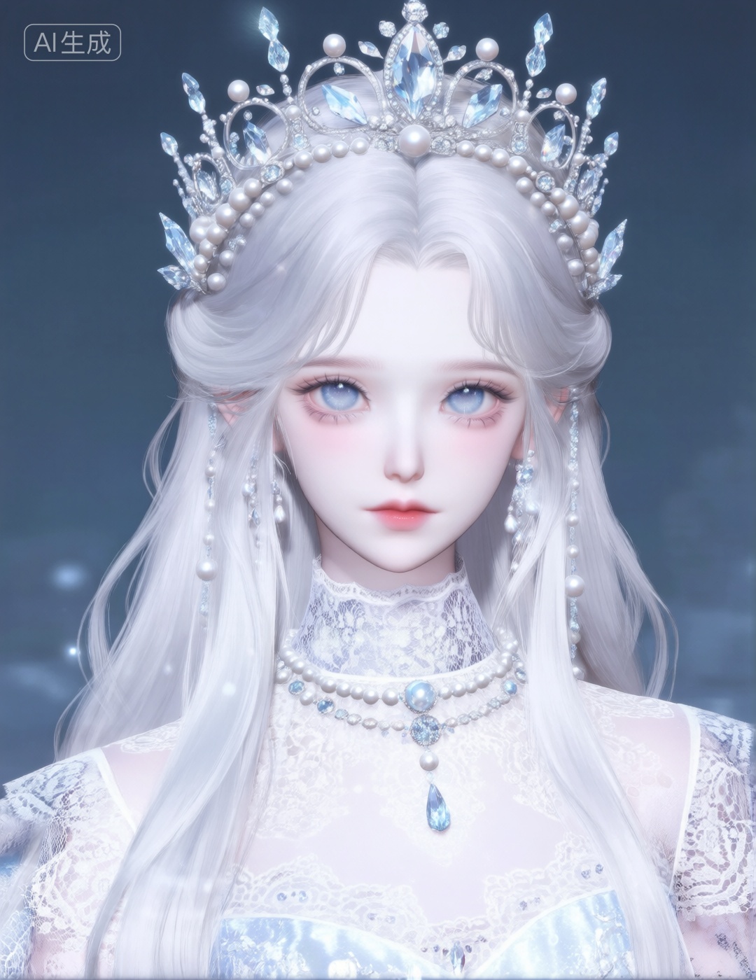 银白长发垂肩少女,  头戴镶嵌珍珠与水晶的华丽冠冕,  身着高领蕾丝礼服 by 小狗宾利 on Tensor.Art