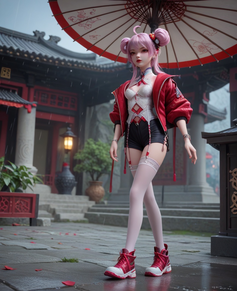 (oriental architecture, elegant decor, sophisticated style:1.1),(Walking with an umbrella in the rain, looking determined and resilient,:1.1),(breasts:1.2),<lora:XL16克金玩家炙珠:0.95>,teenage girl,open red jacket,white corset,red eyes,red lips,pink hair,ahoge,double bun with front strands,hair ornament,black short shorts,mismatched thighhighs,bracelet,sneakers,, score_9,score_8_up,score_7_up,score_6_up,score_5_up,score_4_up,3d rendering,tag1,tag2, Cinematic Lighting,backlighting,, zPDXL3, zPDXL2,zPDXL, zPDXLxxx, zPDXLrl,
