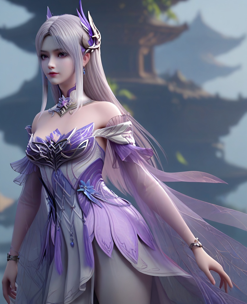 (oriental architecture, elegant decor, sophisticated style:1.1),(Balancing on one foot with arms extended to the side:1.1),looking at viewer,(breasts:1.2),<lora:XL16斗破苍穹斗尊小医仙:0.95>,miss xiaoyixian,purple bodice,white high-slit asymmetrical skirt,rufous eyes,sidelocks,white hair,hair ornament,long hair,jewelry,detached collar,see-through sleeves,bracelet,skirt see-through hem,anklet chain,high heels,, score_9,score_8_up,score_7_up,score_6_up,score_5_up,score_4_up,3d rendering,tag1,tag2, Cinematic Lighting,backlighting,, zPDXL3, zPDXL2,zPDXL, zPDXLxxx, zPDXLrl,