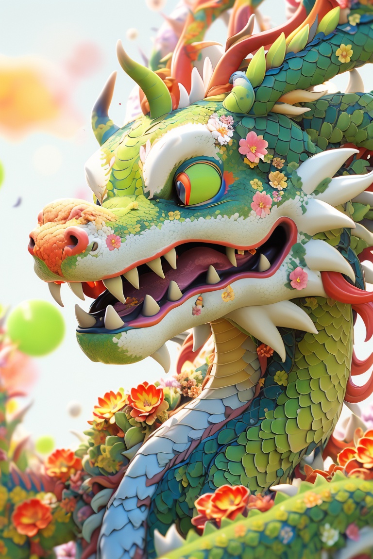 dragon,eastern dragon,no humans,flower,creature,blurry,open mouth,sharp teeth,horns,teeth,scales,depth of field,green tones,