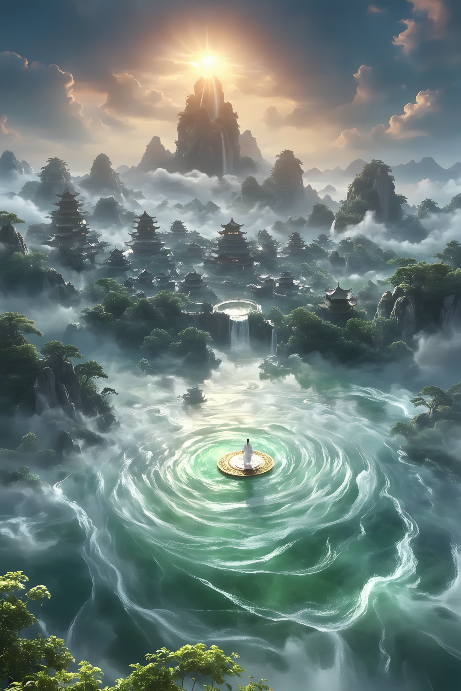 renjie,The image depicts a serene and mystical landscape with a person standing on a circular platform in the middle of a large,swirling pool of water. The person appears to be meditating or performing a ritual. Surrounding the pool are lush green trees and vegetation,adding to the tranquil atmosphere. In the background,there are majestic mountains and a series of traditional Asian-style buildings,including pagodas and temples. A large waterfall cascades down the mountains,creating a misty and ethereal effect. The sky is bright and clear,with the sun shining down,casting a warm glow over the entire scene. The overall composition of the image is harmonious and peaceful,evoking a sense of wonder and connection to nature.,