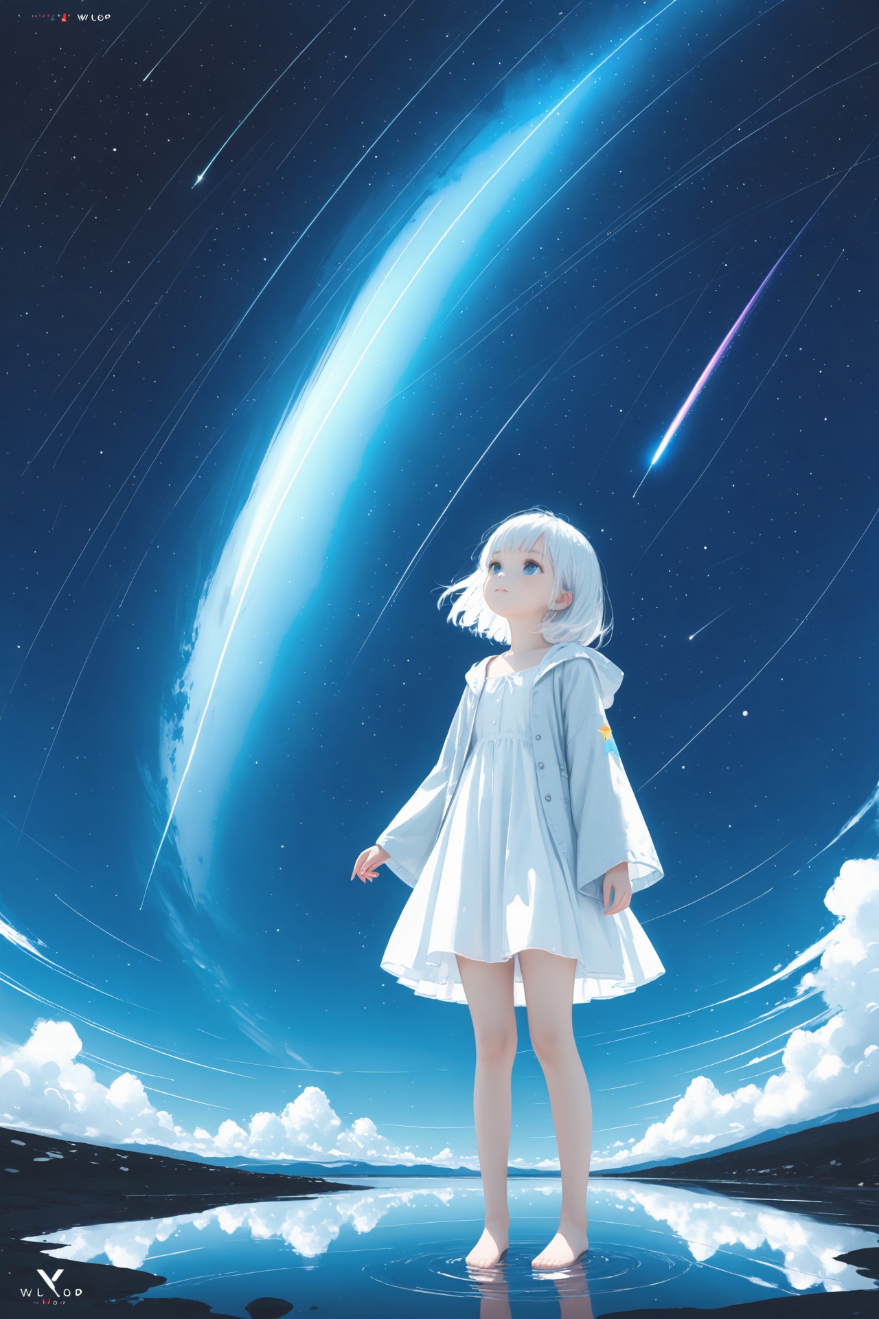 masterpiece,best quality,high quality,(colorful),[[[[Artist wlop:0.1]]]],loli,1girl,solo,barefoot,star (sky),sky,short hair,standing,dress,white hair,white dress,shooting star,blue eyes,full body,long sleeves,starry sky,wide sleeves,star (symbol),hood down,hood,closed mouth,water,ripples,jacket,looking up,cloud,night sky,open clothes,arms at sides,