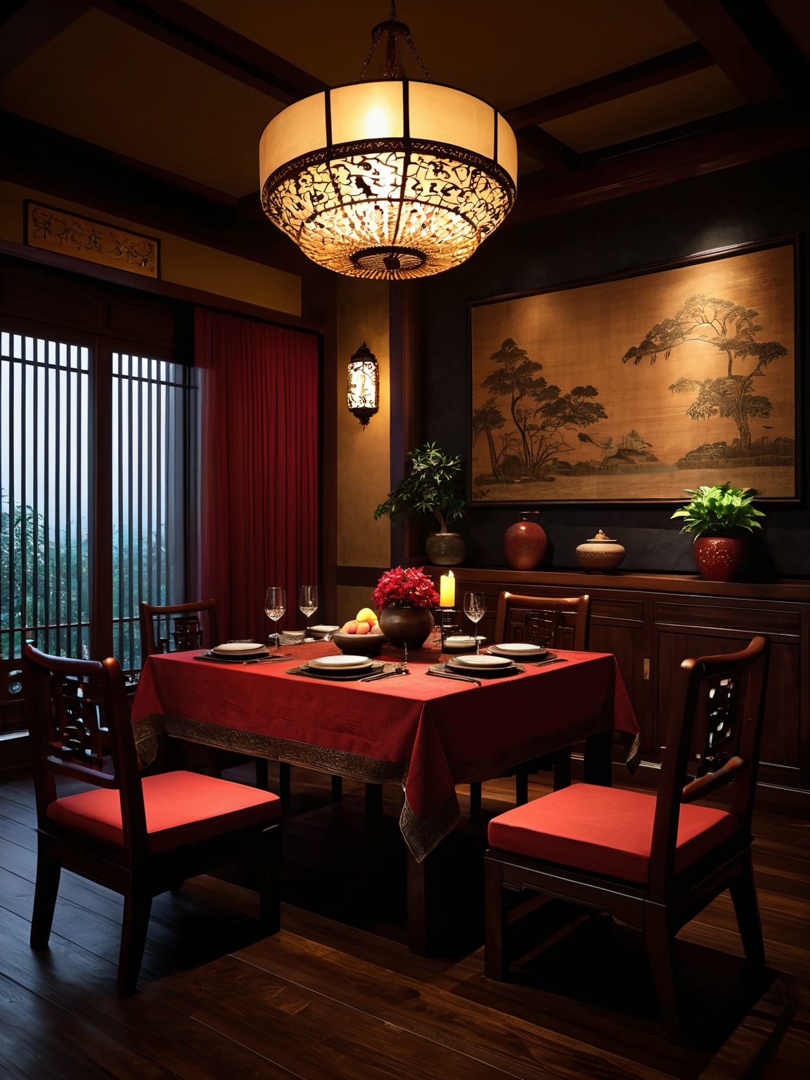 Restaurant,indoors,(deep tone lighting:1.2),(red:1.6),table,chair,(dark floor:1.4),no humans,Cultural stone wall,wine,plants,(night:1.8),elegant interior,dim tone light,masterpiece,best quality,Silk Curtains with Calligraphy,beautiful rendering of the Tang Dynasty,extremely detailed,deep chestnut res,3ds max,8K,