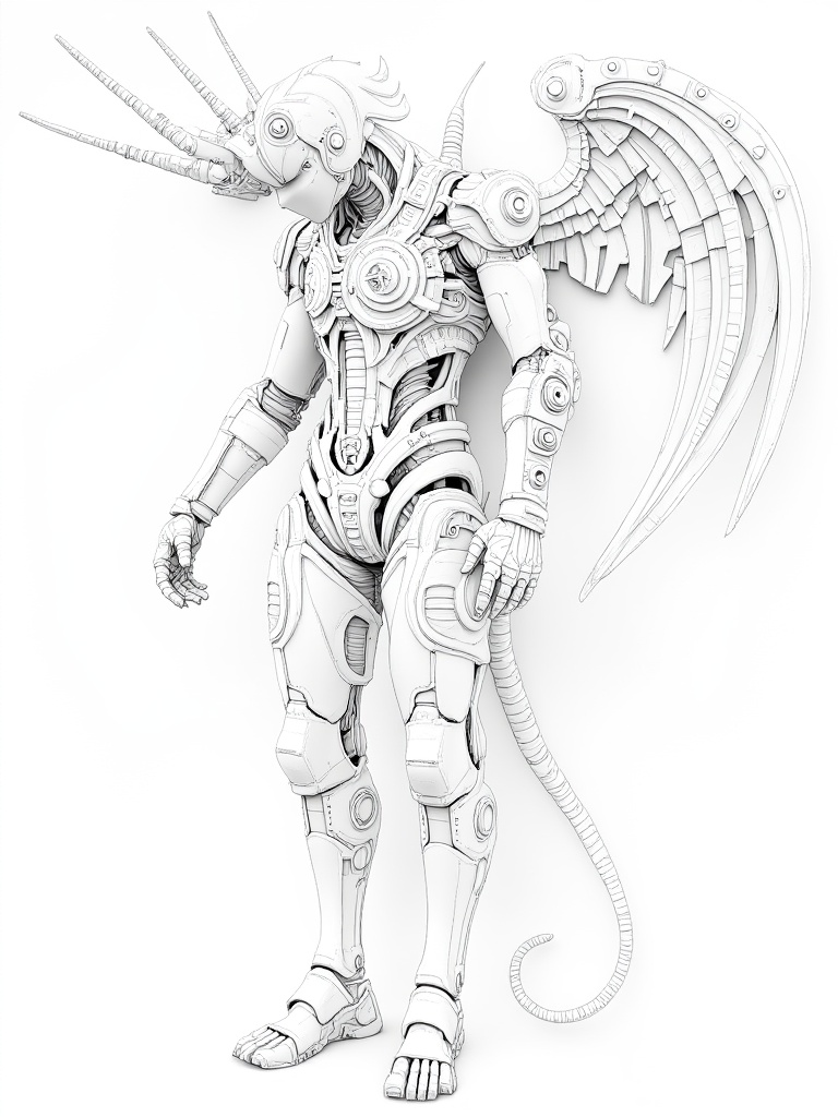 miluo_jqgk,A wickedly detailed black and white digital drawing of a futuristic, humanoid robot decked out with mechanical wings and a long, curvy tail. The bot's got a bunch of gears, pistons, and tubes all over its body, giving it a badass, mechanical vibe..<lora:米洛丨机器怪咖v1.3:1>