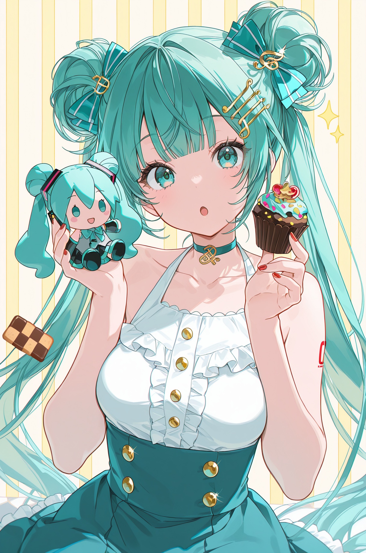 20,striped background, 1girl, hatsune miku, food, bow, holding, long hair, solo, chocolate, hair bun, double bun, hair ornament, treble clef, twintails, cookie, looking at viewer, bare shoulders, open mouth, blue bow, holding food, candy, skirt, very long hair, shirt, hairclip, green eyes, upper body, breasts, aqua hair, musical note, nail polish, white shirt, sleeveless, hair bow, aqua bow, character doll, sidelocks, hands up, sleeveless shirt, high-waist skirt, sparkle, :o, musical note hair ornament, checkerboard cookie, halter shirt, yellow background, fingernails, red nails, aqua eyes, frills, collarbone, eyelashes, cupcake, sitting, medium breasts, green hair, bowtie, ribbon, heart, buttons, choker, blue skirt, blunt bangs, sprinkles