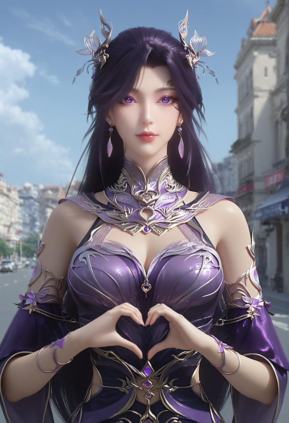 (score_9),<lora:燕倾城-Apony:0.8>,yanqinchen,(mature_female),solo,long hair,hair ornament,purple hair,high collar,jewelry,detached collar,earrings,purple dress,detached sleeves,belt,<lora:perfect eyes_v1:0.8>,purple eyes,front view,bright pupils,<lora:Expressive_H-000001:0.8>,upper body,(heart hands),glamor,collarbone,pointy breasts,puffy breasts,large breasts,narrow waist,outdoors,street,blue sky,blur background,building,city,cloud,cloudy sky,day,depth of field,