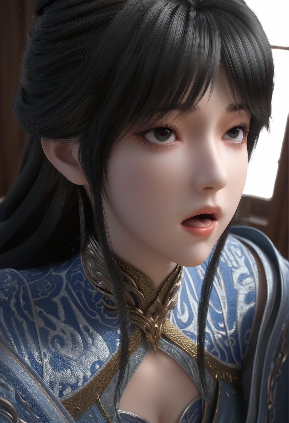 supermodel,score_8_up,score_7_up,hyperdetailed,hyperrealistic,volumetric lighting,focus on face,textured skin,eye lighting,SkinHairDetail,zPDXL,intricate and refined delicate details,unreal engine,very attractive,ultra high res,Expressiveh,realistic skin,score_9,score_8_up,score_9,score_8_up,1 girls,high cold face,yujie,perfect round large,breasts,jewelry,beautiful eyes,detailed eyes,<lora:云珞璇:0.8>,biaozi,black eyes,black hair,chinese clothes,closed mouth,hair bun,hair ornament,long hair,long sleeves,open mouth,wide sleeves,ahegao,rolling eyes,